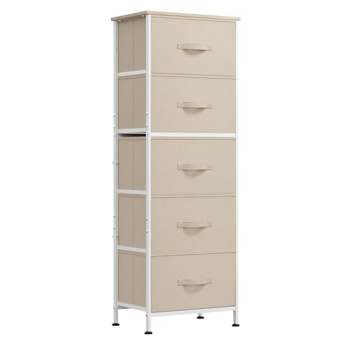 WLIVE Fabric Dresser, 5-Drawer Tall Dressers for Bedroom, Storage Dresser Organizer with Fabric Bins, Wood Top, Sturdy Steel Frame, Chest of Drawers for Closet, Hallway, Cream White - color: Cream White