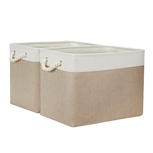 Temary Fabric Storage Baskets 2 Pack Decorative Storage Bins Basket for Gifts Empty Shelf Baskets with Handles for Organizing Home Closet, Towels (White&Khaki,16Lx12Wx12H Inches) - color: Khaki&white, size: 16L x 12W x 12H inches (2pcs)