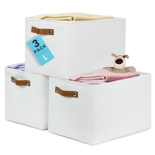 OrganiHaus Large Fabric Storage Baskets for Shelves 3 Pack, 15x11in Closet Storage Bins, Canvas Storage Bin for Organizing, Cloth Baskets, Linen Closet Organizers, Off-White - color: Full Off-White, size: Large - 3pc