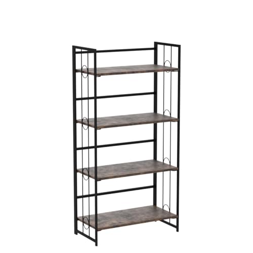 4NM No Assembly 4 Tiers Folding Bookshelf, 47.2" H Foldable Storage Shelves Vintage Bookcase Standing Racks Study Organizer Home Office - Rustic Brown Black - color: Rustic Brown Black, size: 4-Tier