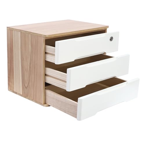 3-Tier Desk Organizer with Lockable Drawers,1 Locks & 2 Keys, Categorized Storage Desktop File Cabinet,Wooden Desktop Storage Box (Wood Color, White) - color: Wood Color/White-3 Tiers