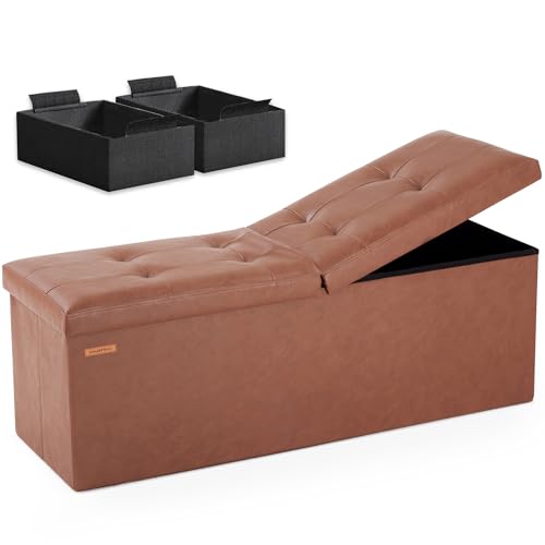 HAUSFRAU Storage Ottoman Bench with Flipping Lid, 43.3 Inches Storage Chest Footsrest, Folding Foot Stool for Entryway, Living Room, Bedroom, Synthetic Leather Retro Brown - color: Retro Brown, size: 15"D x 43.5"W x 15"H