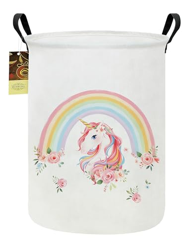 Collapsible Fabric Storage Basket, Waterproof Laundry Hamper with Handles, Round Storage Bin for Clothes Toys, Foldable Organizer for Bedroom Nursery Bathroom(Round-Rainbow Unicorn) - color: Round-Rainbow Unicorn