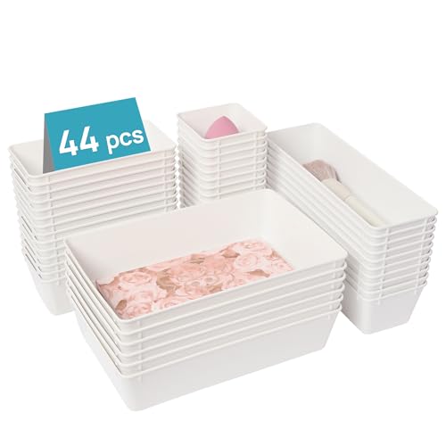 Vtopmart 44 PCS Plastic Drawer Organizers Set, 4-Size Versatile Bathroom and Vanity Organizer Trays, Non-Slip Storage Containers for Makeup, Jewelries, Bedroom，Kitchen Utensils and Office, White - color: White