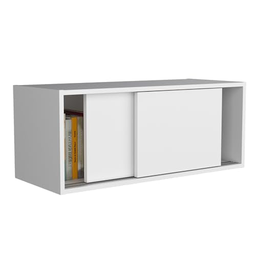 Tuhome Note 32-Inch Wide Wall Mounted Storage Cabinet with Sliding Doors, Compact Hanging Organizer for Bedroom, Living Room, Home Office & Garage | Wood Wall Cupboard, Space-Saving Storage Solution - color: White