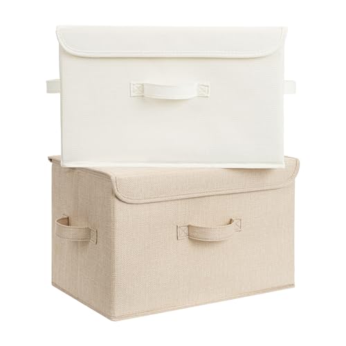 GRANNY SAYS Stoarge Basket with Lid, Decorative Storage Boxes, Closet Storage Bins for Clothes, Collapsible Stackable Organization, Ivory White&Khaki, 2-Pack - color: Ivory White&Khaki, size: Large-2 Pack