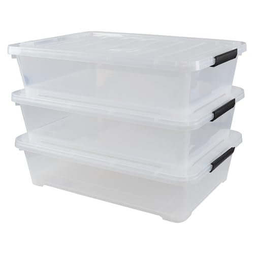 3-Pack 50 Quart Under the Bed Low Profile Storage Boxes, Large Under Bed Storage Bin with Easy Rolling Caster Wheels, Clear - size: 50 Quart
