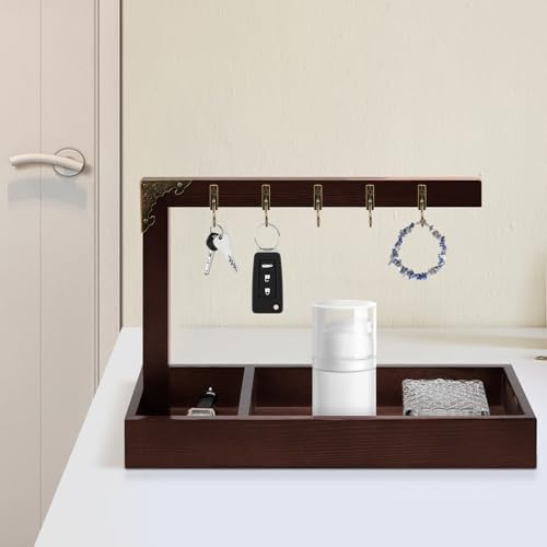 Wonderjune Key Tray for Entryway Table, with 5 Metal Hooks and Wood Base, Vintage Wood Key Tray Stand Holder for Keychain Jewelry Catchall Necklace Jewelry Ring Organizer, 11.8 x 11 x 5.91 Inch