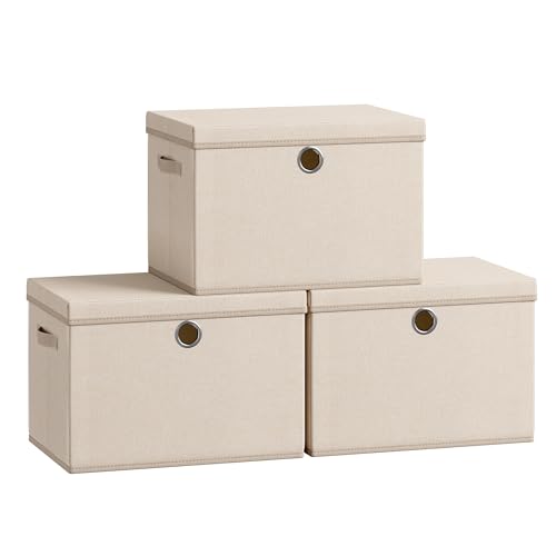 SONGMICS Storage Bins with Lids, 3 Pack Stackable Fabric Storage Boxes, Odorless PP Sheets, Foldable Cube Baskets Organizers with Handles, 16.9 x 11.8 x 11.8 Inches, Summer Sand URFB545LF01 - color: Summer Sand, size: 16.9"L x 11.8"W x 11.8"H