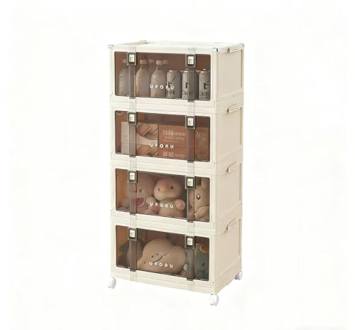 4 Tier Stackable Organiser With Door And Wheels Foldable Storage Box,For Wardrobes,Living Rooms,Bedrooms And Offices(White)