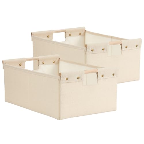 2PCS Storage Bins Cotton Linen Fabric Storage Boxes Basket with Wooden Handles Foldable Washable Decorative Shelf Container Clothes Organizer Home Laundry - Small Size, Beige - color: Beige, size: Small (Pack of 2)