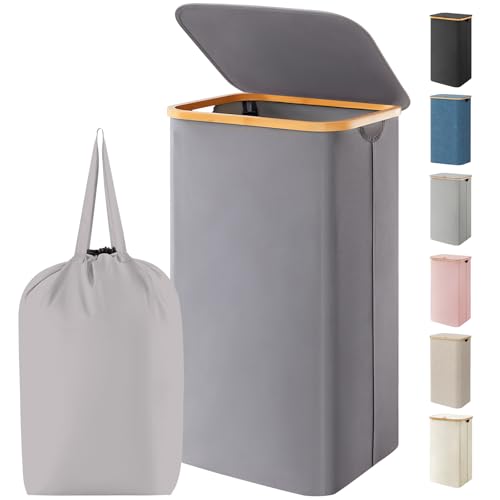 Lifewit 100L Laundry Basket with Lid, Clothes Hampers for Laundry with Bamboo Handles and 1 Removable Bag, Large Foldable Laundry Hamper for Bedroom, Bathroom, Dorm, Laundry Room, Gray - color: Gray, size: 100L
