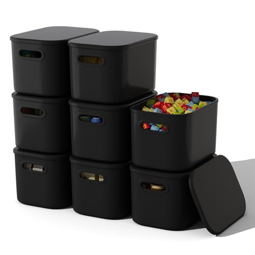 ORGIDOL 8 Pack Black Storage Bins with Lids Stackable Storage Container for Organizing, Black Storage Boxes with Handle for Shelves, Cute Organizer Bins for Craft, Snacks, 9.85x6.9x5.7 inch - color: Black, size: 8 Pack