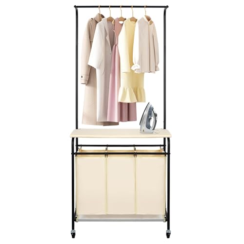 MYOYAY 3 Section Laundry Sorter with Garment Hanging Bar Rack Foldable Ironing Board, Laundry Basket Organizer Heavy Duty Laundry Hamper Rolling Cart with Lockable Wheels and 3 Removable Bags