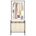 MYOYAY 3 Section Laundry Sorter with Garment Hanging Bar Rack Foldable Ironing Board, Laundry Basket Organizer Heavy Duty Laundry Hamper Rolling Cart with Lockable Wheels and 3 Removable Bags