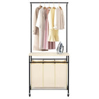 MYOYAY 3 Section Laundry Sorter with Garment Hanging Bar Rack Foldable Ironing Board, Laundry Basket Organizer Heavy Duty Laundry Hamper Rolling Cart with Lockable Wheels and 3 Removable Bags