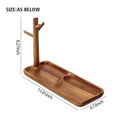 Wooden Jewelry Stand, 2-in-1 Entryway Key Tray & Desk Organizer, Multi-Compartment Vanity Jewelry Holder, Solid Wood Entryway Organizer for Necklaces, Rings, Earrings, Minimalist Home Decor