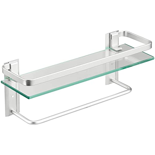 VOLPONE Glass Shelf with Towel Bar 15.7in Silver Bathroom Shelf Wall Mount Rustproof Bathroom Wall Organizer 1 Tier (Silver) - style: 1 tier with towel bar silver