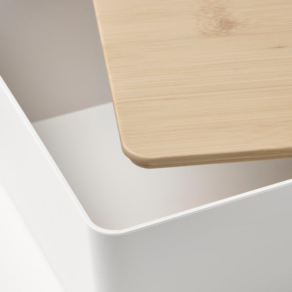Lidded Storage Box with Bamboo Lid – White, 7x10¼x3¼, Stackable Organizer for Home, Office, or Bathroom