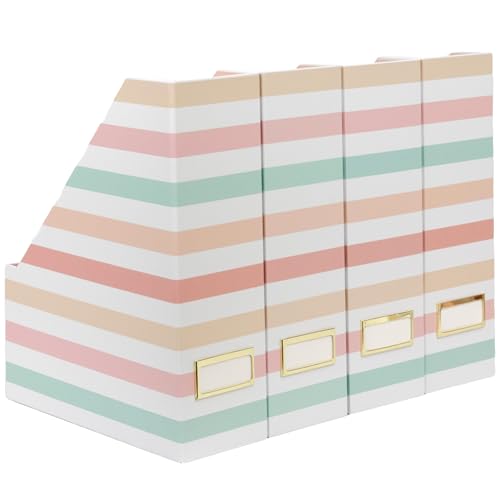 BLU MONACO | Cardboard Magazine File Holder Set of 4 | Vertical Magazine File Holder with Gold Label Slots | Standing File Holder and Cardboard Bins for Shelves Desk Classroom - color: Pastel Stripes