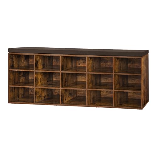 DINZI LVJ Shoe Storage Bench with Cushion, 15-Cubby Rack, Adjustable Shelves, Long Organizer Bench for Entryway, Mudroom, Hallway, Living Room, Bedroom and Garage, Rustic Brown - color: Rustic Brown, size: 15 Cubby