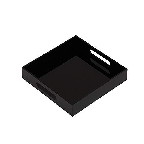 KEVLANG Glossy Black Sturdy Acrylic Serving Tray with Handles-10x10Inch-Serving Coffee,Food,Breakfast,Butler-Kitchen Countertop Tray-Makeup Drawer Organizer-Vanity Table,Ottoman Tray-Decorative Tray - color: Glossy Black, size: 10" x 10" x 2"