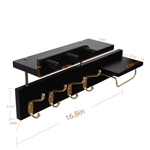 Coat Rack Wall Mount with Shelf, 4 in 1 Wood Coat Hooks with Key and Mail Holder, 17 Inch Entryway Hanging Shelf with Sunglasses Holder and 4 Metal Hooks for Clothes Hats Bag, Black and Gold - color: Black