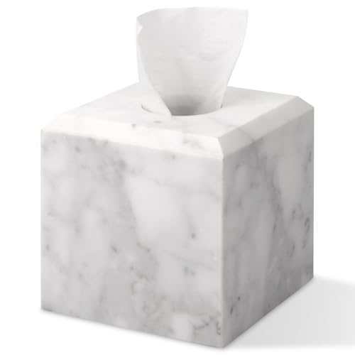 Natural Marble Square Tissue Box Cover ,Stone Modern Decorative Sturdy Napkin Box Holder Case,Facial Paper Organizer for Bathroom Vanity Toilet Countertop,Kitchen (1, Carrara White, 5.71*5.71*5.51) - color: Carrara White