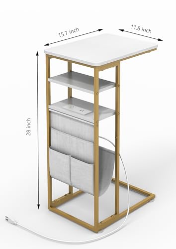 C Shaped End Table with Charging Station, 28"(H) 3-Tier C Table with Storage Bag, Under Couch Table C-Shaped End Table with Storage Shelves and Bag for Living Room, Bedroom, or Office - color: Gold, size: Wood--with Socket