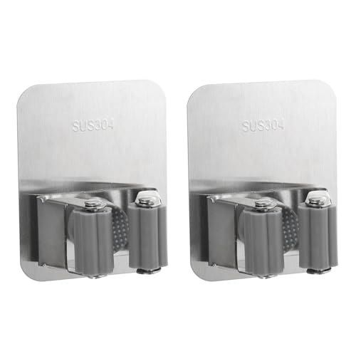 uxcell 2pcs Mop Broom Holder Wall Mount, 304 Stainless Steel Mop Holder Self Adhesive Broom Hanger with Screws, Suitable for Bathroom, Laundry Room, Grey - color: Grey
