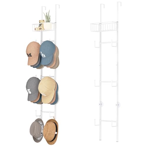 HapiRm Over Door Hat Rack - 2 Packs Wall Mounted Hat Holder with 6 Hooks and Metal Basket Design, Baseball Cap Organizer Storage Up to 32 Caps for Door, Bedroom, Closet, White - color: White, size: 2 Pack