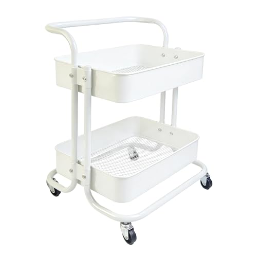 2 Tier Cart with Wheels Under Desk Storage with Handle, Metal Rolling Pantry Cart for Kitchen White Small Rolling Basket for Laundry Room Bathroom, Utility Shelf Organizer for Small Space - color: C-white