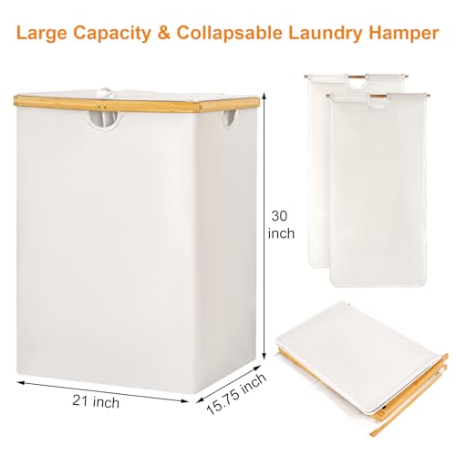 WOWLIVE 165L Double Laundry Hamper with Lid Bamboo Laundry Basket 2 Section,Large Dirty Clothes Hamper with Removable Bags, Laundry Bin Organizer Storage for Dorm,Bedroom,Bathroom,Beige - color: Beige, size: 165L (21.1 x 15.8 x 30.1 Inches)