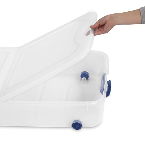Latching Wheeled Storage Bin, 66 Quart Clear Underbed Storage Container with Latch Lid, Blue