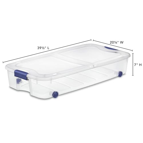 Latching Wheeled Storage Bin, 66 Quart Clear Underbed Storage Container with Latch Lid, Blue