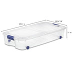 Latching Wheeled Storage Bin, 66 Quart Clear Underbed Storage Container with Latch Lid, Blue