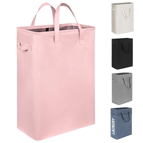 Chrislley 45L Slim Laundry Hamper Narrow Laundry Basket with Handle Foldable Dirty Clothes Portable Skinny Hamper Organizer Storage Bins (22 inches, pink) - color: pink, size: 45l(14.96"l x 8"w x 21.65"h)