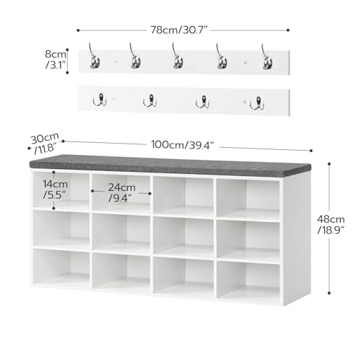 HOOBRO Shoe Storage Bench with Cushion, 39.4" L Entryway Bench with 12 Cubbies, Entryway Hall Tree with Storage, Cubby Shoe Rack Bench with Coat Rack for Hallway, Holds up to 330 lb, White WT112HX01 - color: White + Gray