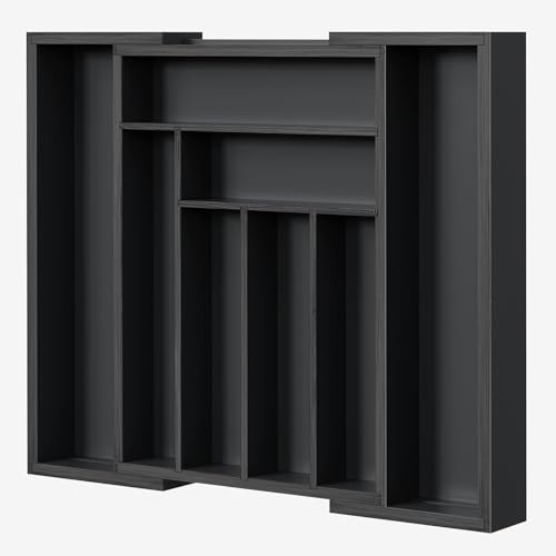Pipishell Bamboo Expandable Drawer Organizer for Utensils Holder, Adjustable Cutlery Tray, Wood Drawer Dividers Organizer for Silverware, Flatware, Knives in Kitchen, Bedroom, Living Room (Black) - color: Black, size: Large