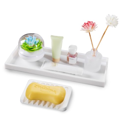 Bloss Counter Tray Set for Bathroom/Kitchen - 15.7" Silicone Tray for Kitchen Countertop, Soap and Sponge Holder, Bathroom Vanity Traty for Perfume,Jewelry,Candle,Key Tray - color: White, size: 15.7" x 5.9" x 0.9"