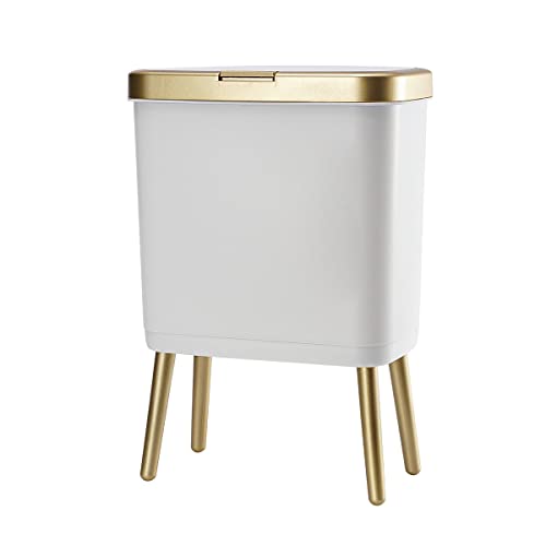 Procade Bathroom Trash Can with Lid, Plastic Garbage Can with Legs, 4 Gallon Gold Trash Bin with Push Button, Narrow White Trash Can Waste Basket for Bedroom, Living Room,Office，Dog Proof Trash Bin - color: White