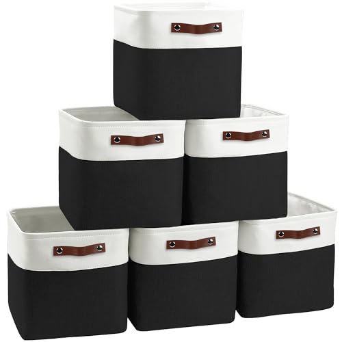 FinishingBo Cube Storage Baskets 6 Pack, 11x11 inch Cube Storage Bins with Leather Handles for Shelf Closet (White/ Black) - color: White/ Black