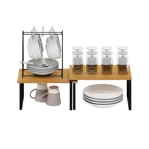 Furinno RAVEL Kitchen Countertop Organizer Set of 2, Counter Shelves, Kitchen Storage, Expandable, Stackable, Spice Rack, for Kitchen, Pantry, Coffee Bar, Beech - color: Beech/Black, size: 2-Pack, Nesting