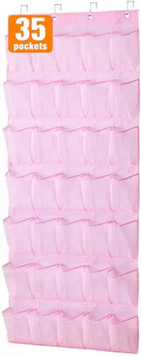MISSLO 35 Large Pockets Over The Door Shoe Organizer Sturdy Oxford Fabric Hanging Shoe Rack for Door Mesh Closet Shoe Holder Hanger, Pink - color: Pink, size: 24.5x68.5