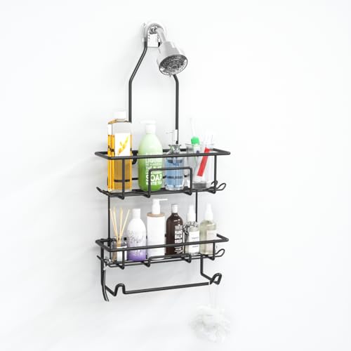 TreeLen Shower Caddy Hanging over Shower Head with 10 Hooks for Razor Large Shampoo Holder Shower Hanger Rack Bathroom Organizer- (Black, 11.8x4.1x24.8) - color: C-Black