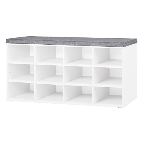 DINZI LVJ Shoe Storage Bench with Cushion, Cubby Shoe Rack with 12 Cubbies, Adjustable Shelves, Multifunctional Shoe Organizer Bench for Entryway, Mudroom, Hallway, Closet and Garage, White - color: White, size: 12 Cubby