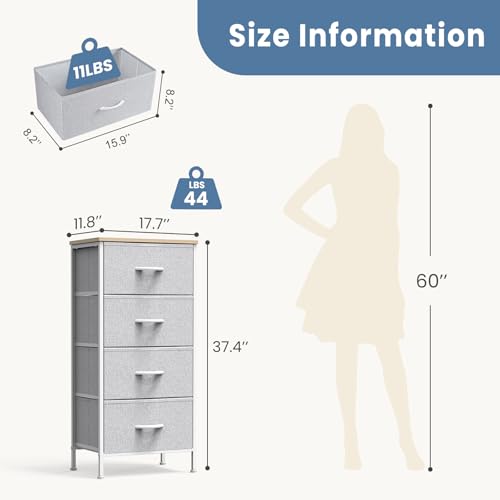 DUMOS Nightstand with 4 Drawers Bedside Table with Removable Fabric Bins Sturdy Steel Frame Wood Top Organizer Furniture for Bedroom Closet Living Room,Light Gray - color: Light Gray, size: 11.82"D x 17.71"W x 37.4"H (4 Drawers)