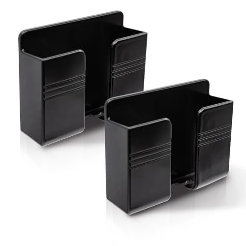 2 Pcs Wall Mount Phone Holder with 3M Adhesive Phone Stand with Data Cable Receiving Hole, Charger Remote Control Storage Box for Bedroom, Kitchen, Bathroom, Office (Black) - color: Black