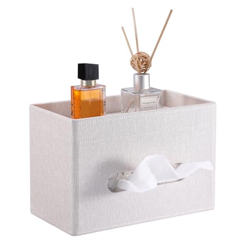 Sumnacon Tissue Box Cover with Storage Tray, Decorative Rectangular Tissue Holder Linen Facial Tissues Organizer Stylish Modern Tissue Dispenser for Bathroom Toilet Tank Vanity Dresser Table - color: Beige