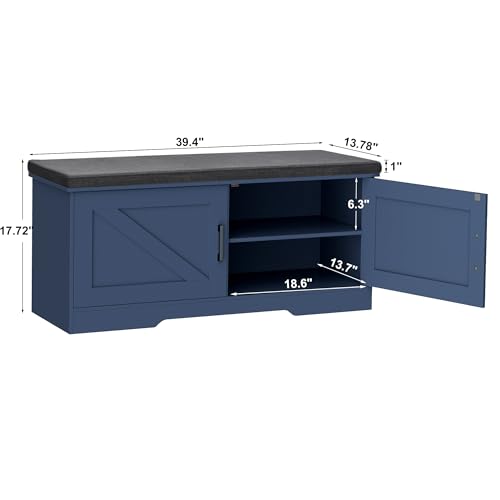 HOMSHO 2-Tier Storage Bench, 39.4" Wide Shoe Bench with Padded Seat Cushion, Entryway Bench with 2 Barn Doors and Adjustable Shelf, Blue - color: Blue, size: 39.4" Wide